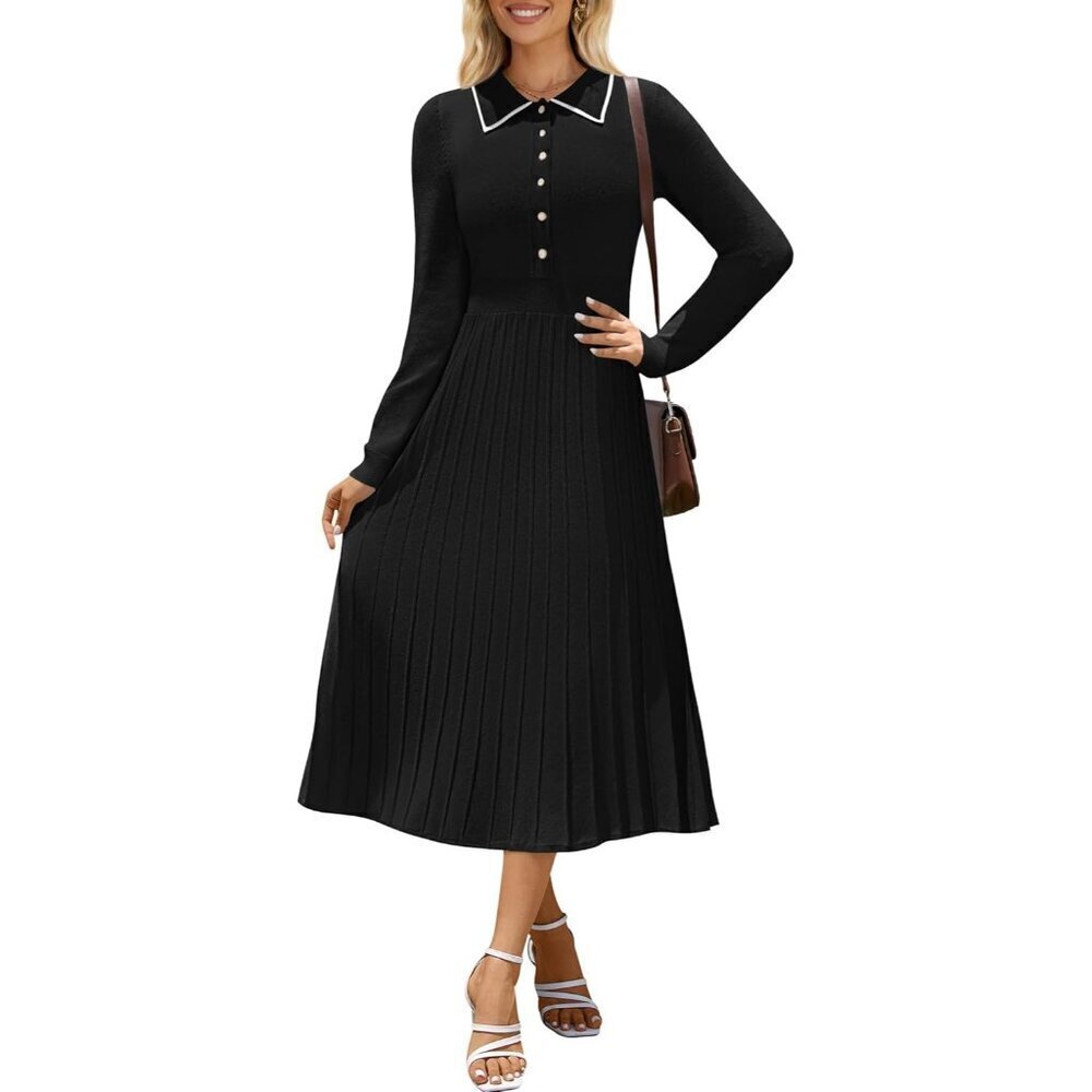 Women's Pleated Sweater Dress Long Sleeve Bodycon Fall Casual Maxi